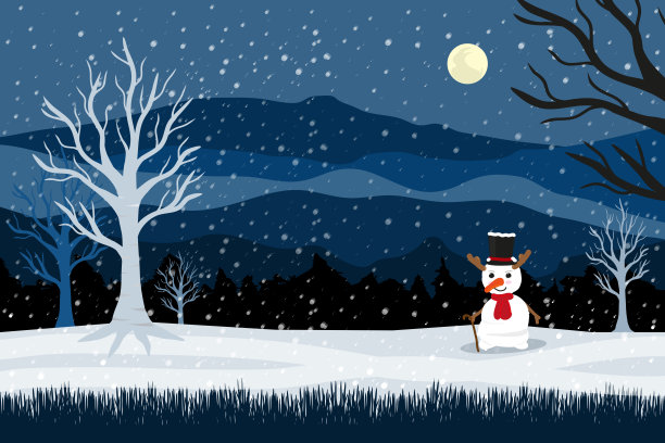 圣诞夜满月景观和问候雪人。圣诞卡模板与地方为您的文本。图片下载