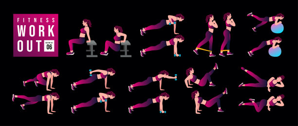女性健身套装04。女性练习向量集。做健身和瑜伽运动的女性。弓步，俯卧撑，下蹲，哑铃划船，立卧撑，侧撑，臀桥，抬腿，俄罗斯扭转等图片下载
