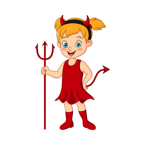 卡通趣味手持干草叉的恶魔女孩素材图片