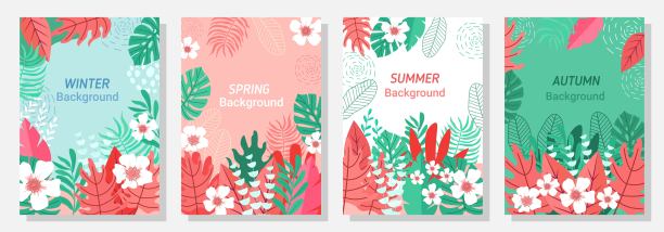 矢量集四季、冬、春、夏、秋、花、叶设计模板、横幅、封面、模板、明信片。图片下载