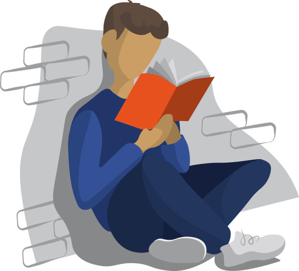 矢量插图在平面风格的一个人，一个男人在牛仔裤和白色运动鞋读一本书，坐着，靠在墙上图片下载