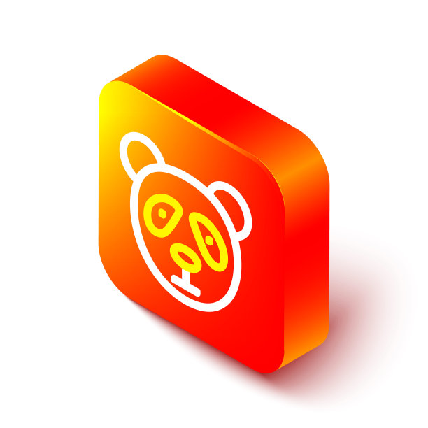 等距线可爱的熊猫脸图标孤立在白色的背景。动物的象征。橙色平方按钮。向量图片下载