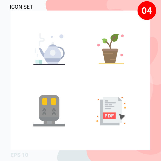 包4个创意平面图标茶火车叶图片下载