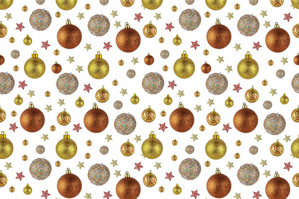 圣诞节和新年的明信片，彩色的球和星星随机散落在白色的背景上。图片下载