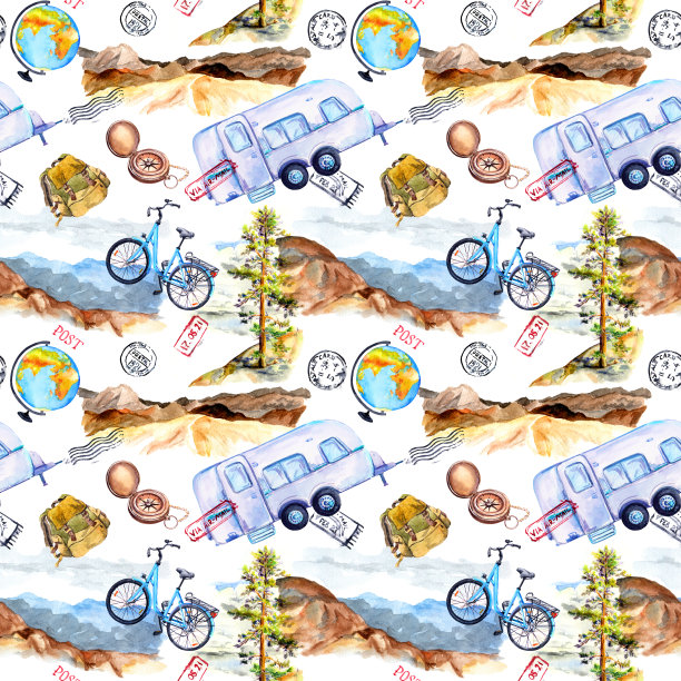 自行车，拖车，山，箱子，背包，邮政标记。夏天旅游的概念。无缝的背景。水彩图片下载