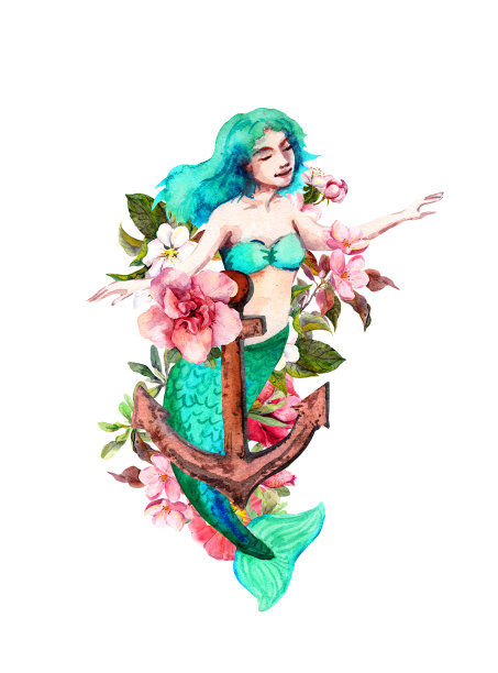 美人鱼和花锚。幻想插图。少女，女性水彩卡片，纹身设计图片下载