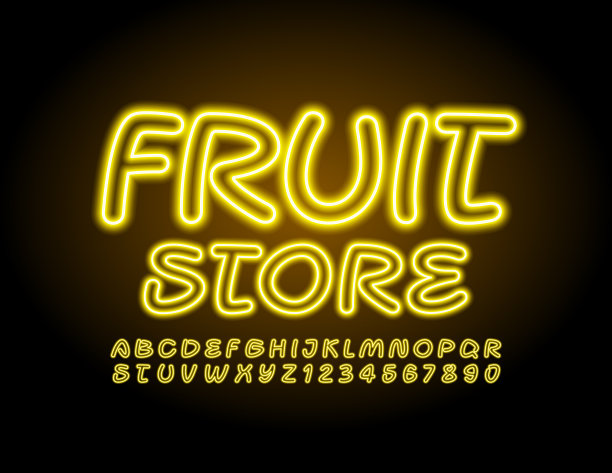 矢量霓虹旗帜水果店。黄色电子字母和数字图片下载