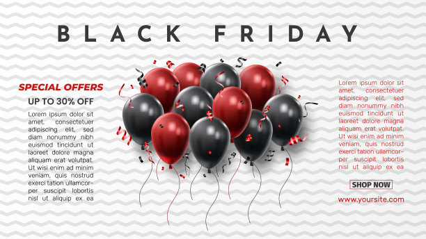 黑色星期五销售海报与闪亮的气球在黑白背景。通用矢量背景海报，横幅，传单，卡片。矢量图图片下载