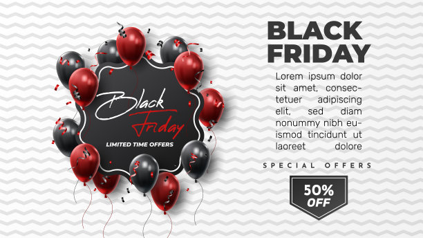 黑色星期五促销海报与闪亮的气球在黑白背景。通用矢量背景海报，横幅，传单，卡片。矢量图图片下载