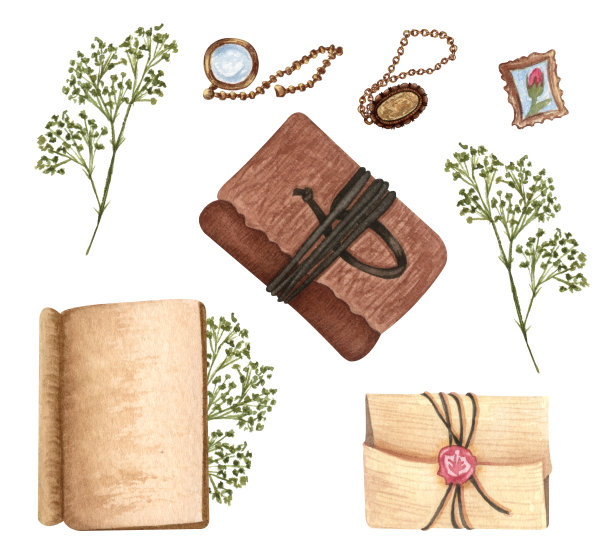 老式纸孤立在白色上。手绘水彩插图打开书，信件，项链，干树枝，邮票。白色的古董图片下载