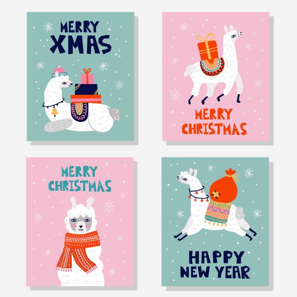 圣诞羊驼明信片套装。冬季白色羊驼与礼物盒上的雪背景，圣诞快乐新年字母，节日动物海报在手绘卡通集合向量风格图片下载