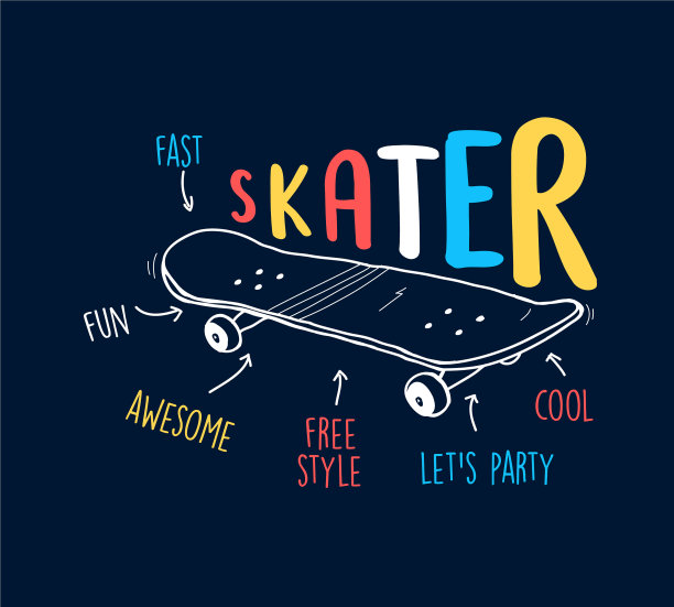 滑板和标语的手绘印刷设计图片下载