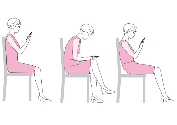 一个女人坐在那里盯着她的智能手机。好的姿势和不好的姿势图片下载