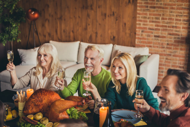 欢呼。感谢家庭会议四名老年成员听问候祝酒喝金酒举起酒杯客厅室内图片下载