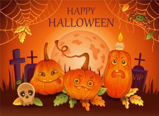 万圣节快乐的假期。有趣的卡通橙色南瓜，骷髅，月光背景上的蜘蛛。不给糖就捣蛋素材图片