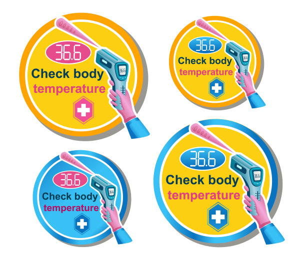 体温检查图标设置。非接触式红外激光温度计平面矢量图。有医疗控制通知，发烧扫描。图片下载