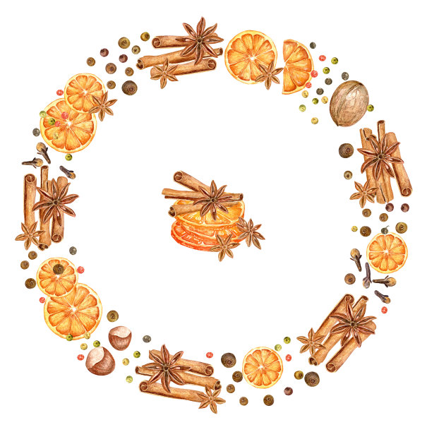 圣诞花环水彩桔子，八角星，胡椒和肉桂棒。圣诞节的背景。图片下载