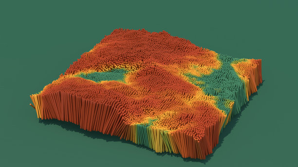 棕色，绿色，黄色圆柱体变形。景观的概念。抽象插图，3d渲染。图片下载