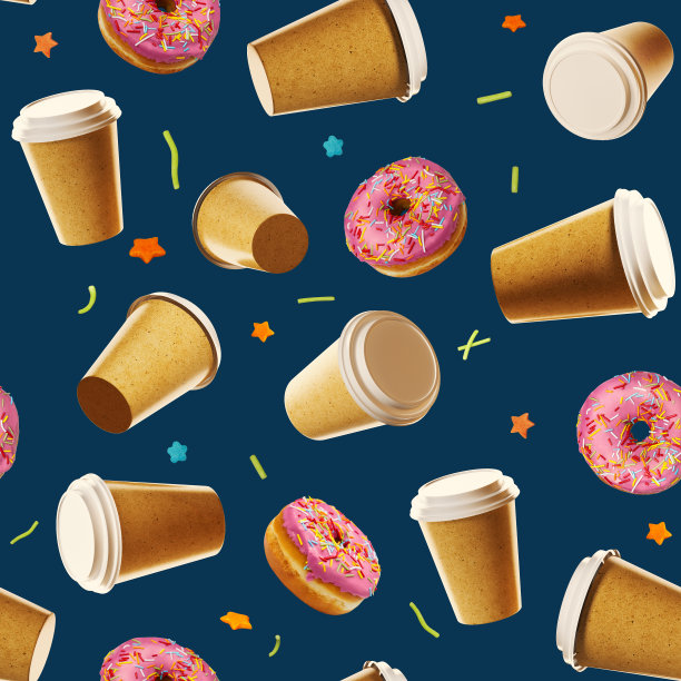 3d渲染无缝模式与咖啡杯和甜点。图片下载