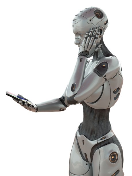 机器人女孩与智能手机概念孤立的白色背景3d插图图片下载