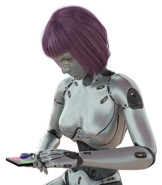 机器人女孩与智能手机概念孤立的白色背景3d插图图片下载