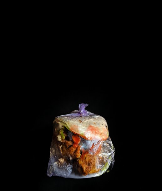 炸鸡、土豆和玉米饼装在塑料袋里，背景是黑色的。危地马拉街头食品图片下载