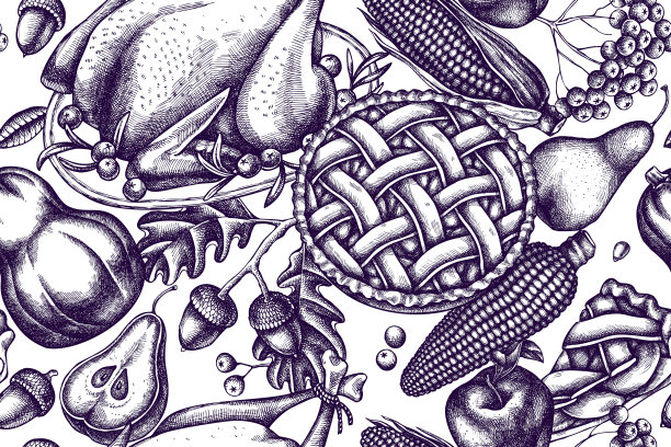 艺术无缝图案与南瓜，叉子，刀，梨，火鸡，南瓜派，苹果派，玉米，苹果，花楸，枫，橡木图片下载