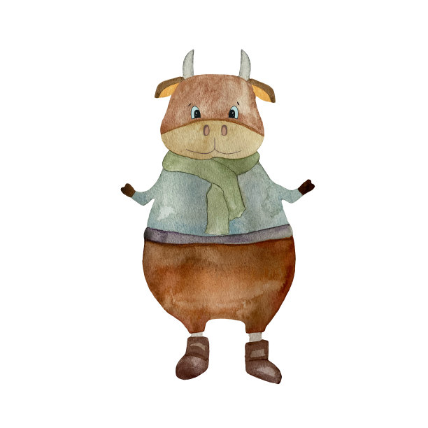 水彩画的奶牛象征2021年。手绘水彩，适合所有类型的设计和印刷。图片下载