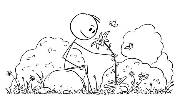 矢量卡通插图的人坐在安静的自然周围的树，花和蝴蝶。图片下载