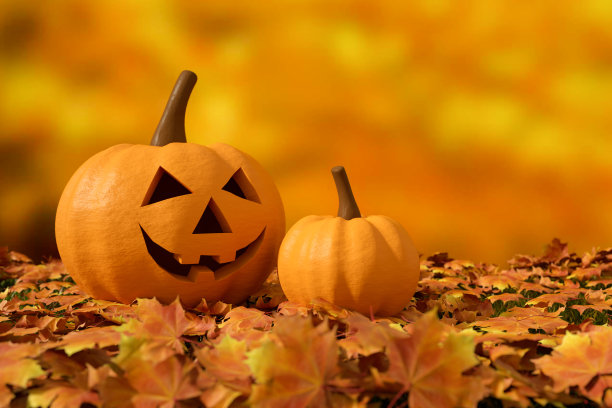3D南瓜万圣节与幽灵的脸，杰克O'灯笼，秋天的背景图片下载