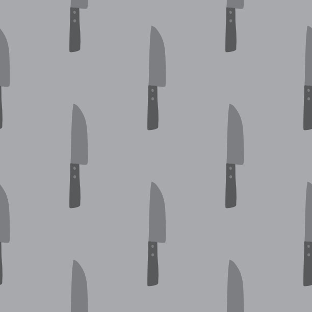 简单的无缝厨房模式与刀的轮廓。灰色调色板烹饪艺术品。黑暗的餐具打印。图片下载