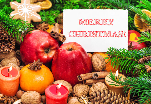 圣诞快乐!装饰蜡烛水果饼干图片下载