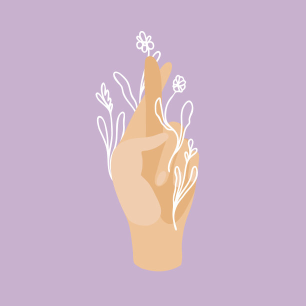 矢量插图手交叉手指好运与涂鸦花。平面艺术与线条艺术隔离。潮流、时尚、自然、简约、t恤印花、明信片、印花、logo图片下载