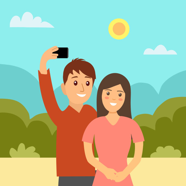 爱侣自拍照在山地度假旅行的概念矢量插图。手持智能手机，使用手机相机拍照。图片下载