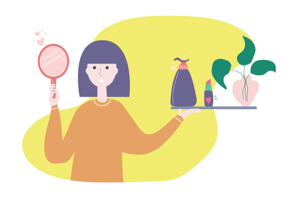 美女、镜子、口红、化妆品瓶和花瓶组合扁平风插画图片下载