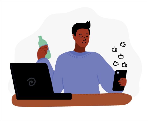 黑人非洲人坐在笔记本电脑和智能手机。写博客,远程工作。社交网络。社交媒体上的沟通。卡通矢量图图片下载