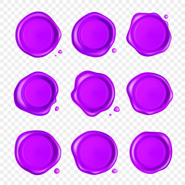 紫色蜡封套。蜡印章邮票集与滴孤立在透明的背景。现实的有保证的紫色邮票。逼真的3d矢量图图片下载