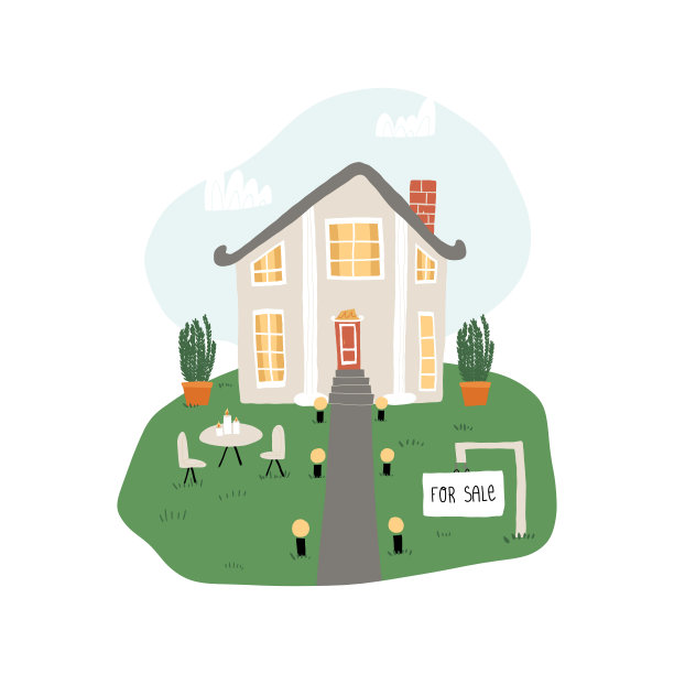 这是一幅理想主义的画，描绘的是一个梦想中的房子，出售的可爱的家，简洁、中性、舒适的装饰，花盆里美丽的植物和景观照明。矢量手绘孤立插图。图片下载