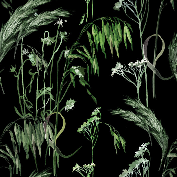 水彩绿草上黑色无缝图案。图片下载