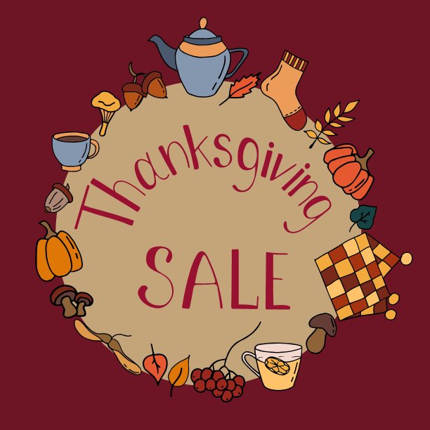 感恩节出售。插图-茶壶，杯子，格子，袜子，叶子，橡子，南瓜，蘑菇，荚。图片下载