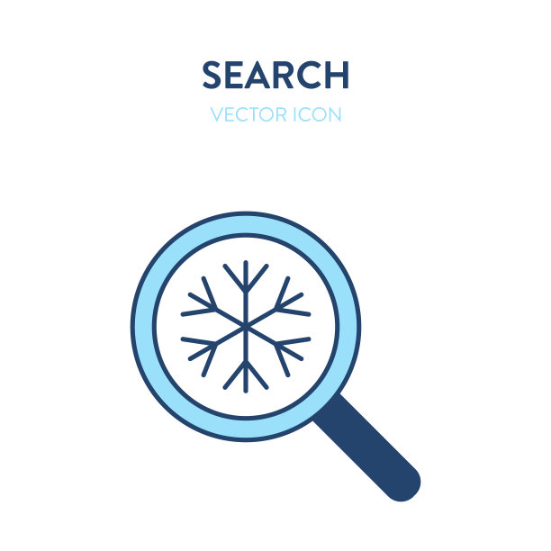 雪花搜索图标。一个带有雪花符号的放大镜工具的矢量插图。代表冬天的概念，寒冷，下雪，下雪的天气图片下载