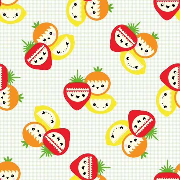 可爱的卡哇伊水果无缝矢量图案背景。在格子布背景上，一群快乐的卡通草莓、橘子、柠檬。儿童健康食品概念的有趣插图。到处都是。图片下载