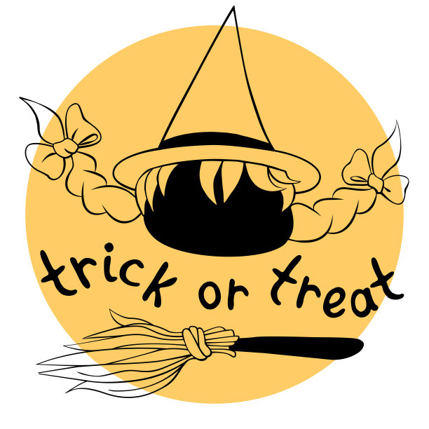 小女巫矢量图标。万圣节快乐。插图与黑色剪影，扫帚派对邀请，贺卡，旗帜，儿童印刷。恶作剧或treat-lettering图片下载