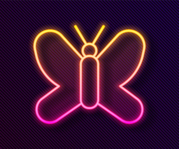 发光的霓虹线蝴蝶图标孤立在黑色背景。向量图片下载