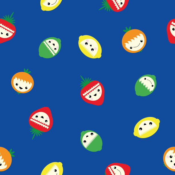 可爱的卡哇伊柑橘水果和草莓无缝矢量图案背景。笑卡通柠檬，酸橙，橘子，浆果在钴蓝色的背景。为孩子们设计的有趣的面孔。到处都是。图片下载
