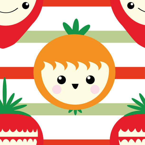 可爱的卡哇伊橙子和草莓无缝矢量图案背景。快乐的微笑和大笑的水果卡通脸条纹背景。有趣的儿童健康食品设计理念。到处都是。图片下载