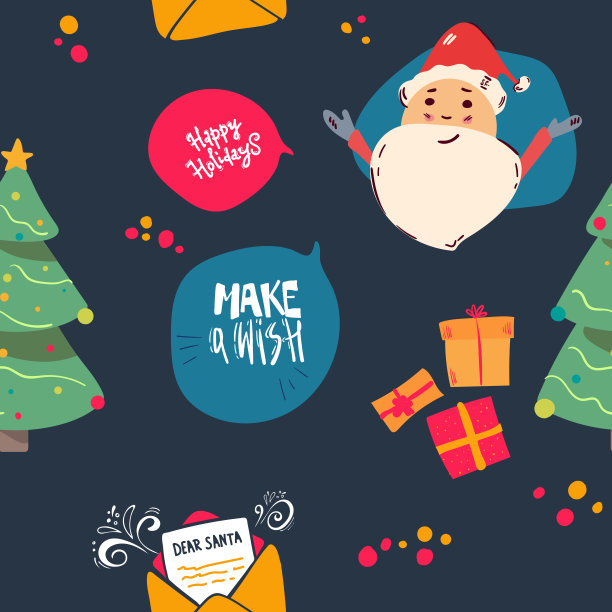 无缝圣诞图案与圣诞老人，树，信，装饰，雪花，企鹅，和盒子。矢量插图，纹理背景海报，卡片纺织，壁纸模板图片下载