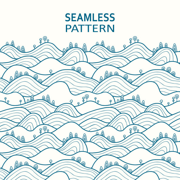 矢量无缝模式与山，树木，田野和山峰。背景插图与明亮的风景。景观格局。图片下载