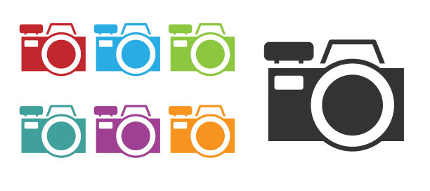 黑色照片相机图标孤立在白色背景。与相机图标。设置图标丰富多彩。向量图片下载