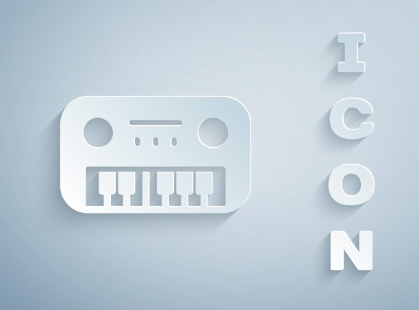 剪纸玩具钢琴图标孤立在灰色背景。儿童玩具。纸艺术风格。向量图片下载